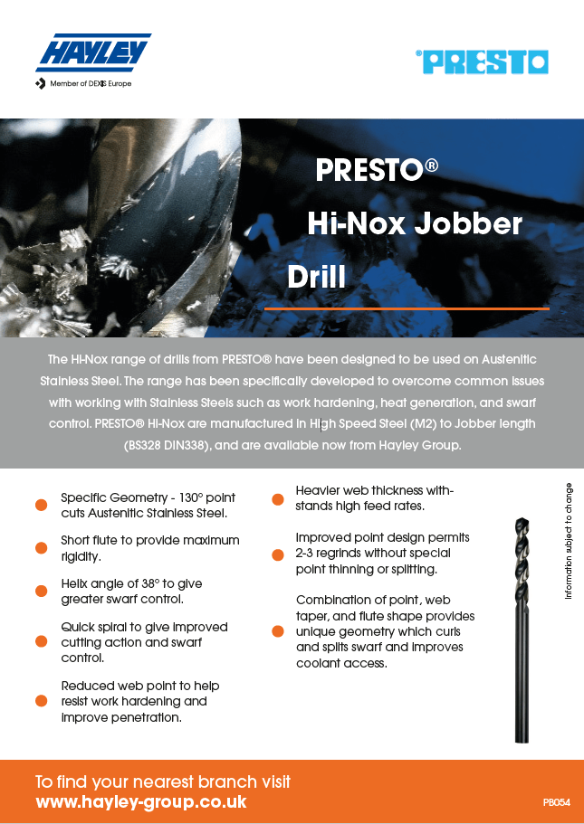 PRESTO Hi-Nox Jobber Drill product sheet