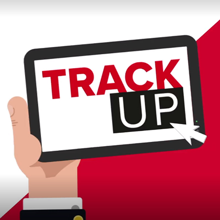 TrackUp logo on an animated tablet computer, being held by a hand