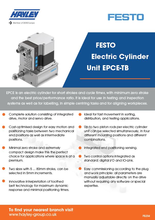 product bulletin by Hayley for the FESTO electric cylinder unit
